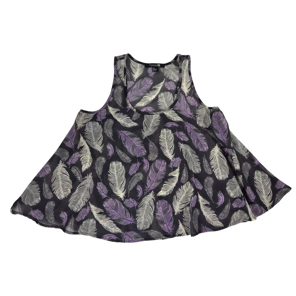 Forever 21 Purple White Black Feather Light Airy Racerback Sleeveless Tank Sz S